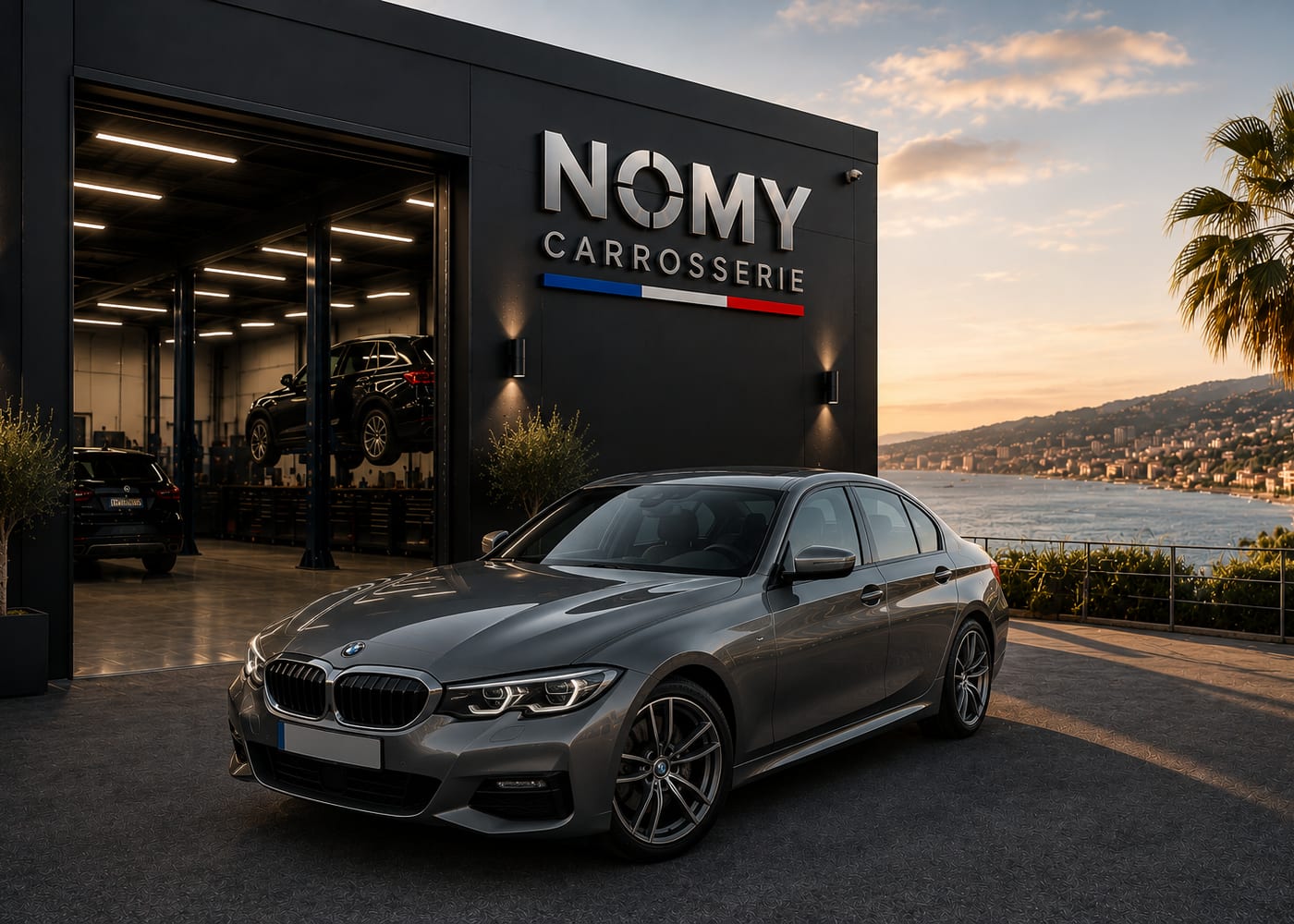 Carrosserie NOMY à Cagnes-sur-Mer — devanture de l'atelier avec vue sur la baie