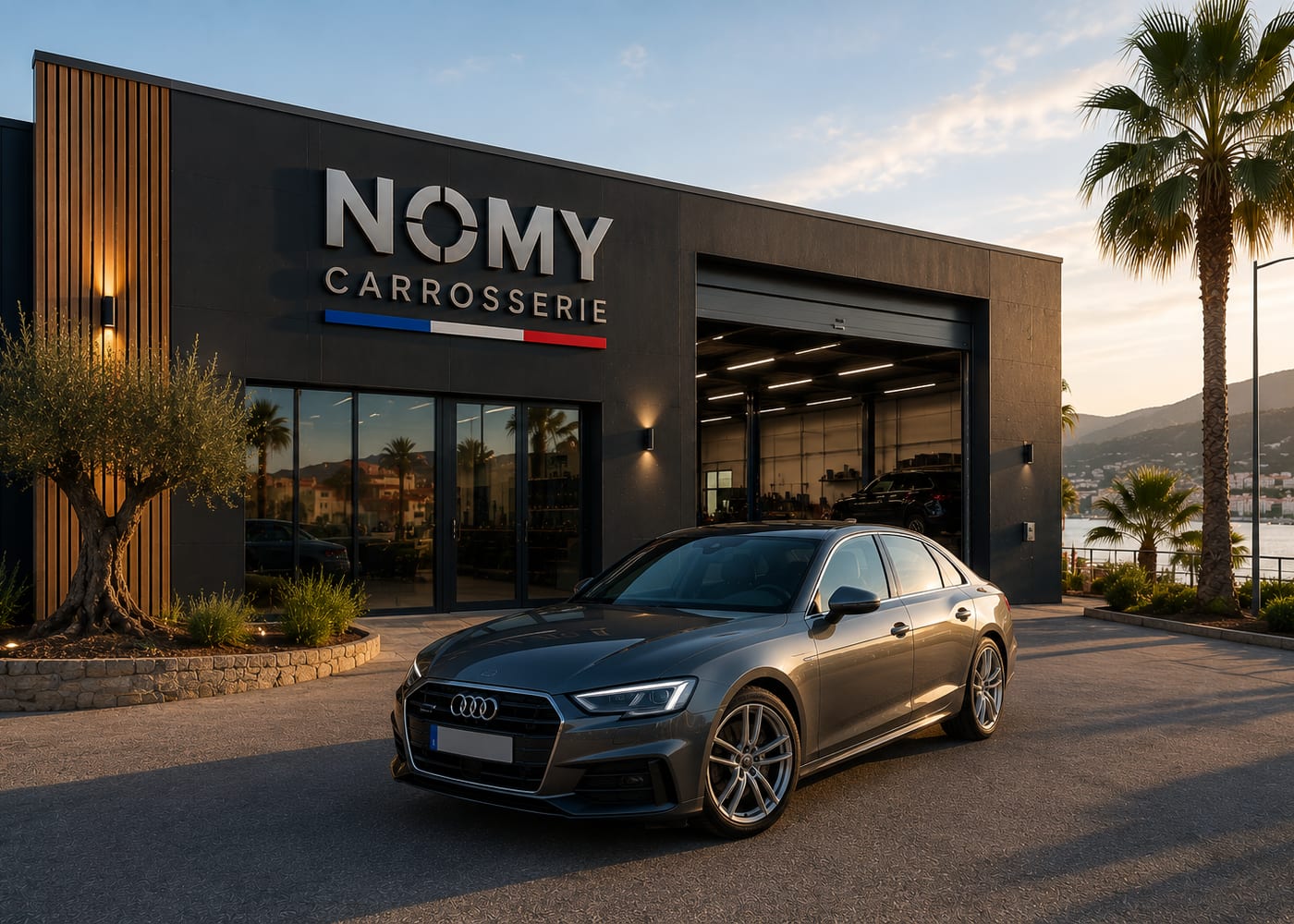 Carrosserie NOMY à Nice — devanture de l'atelier avec vue sur la baie